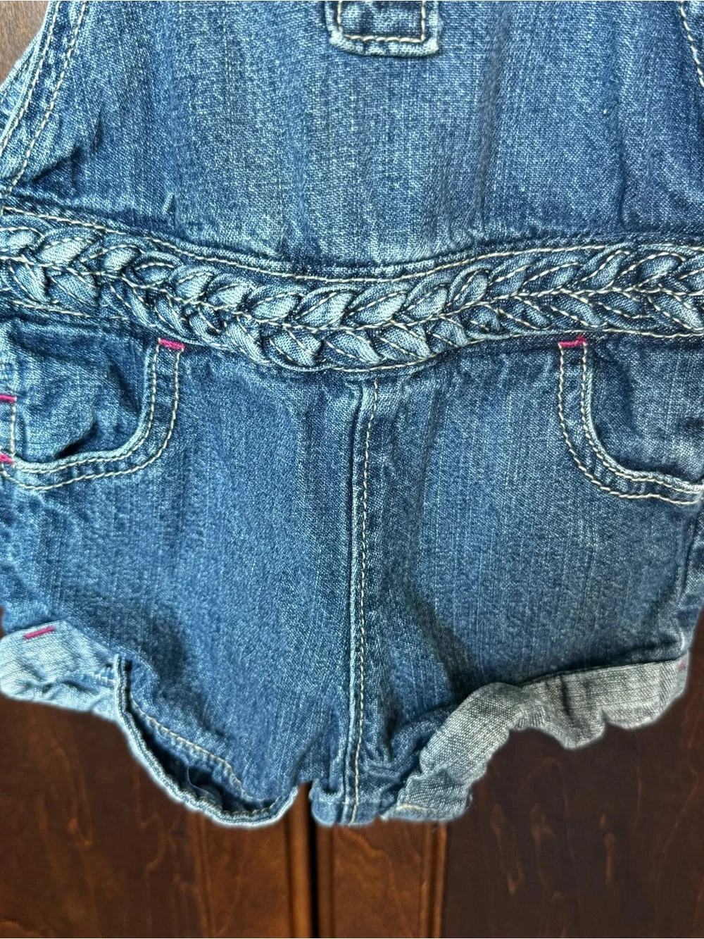 OshKosh B'gosh Vintage Baby Girls Denim Shortalls 9 Months Braided Straps